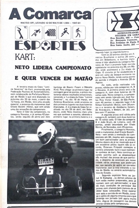 Reprodução da página de esportes de A Comarca, edição de sábado, 12 de maio de 1984: “Neto lidera campeonato e quer venc